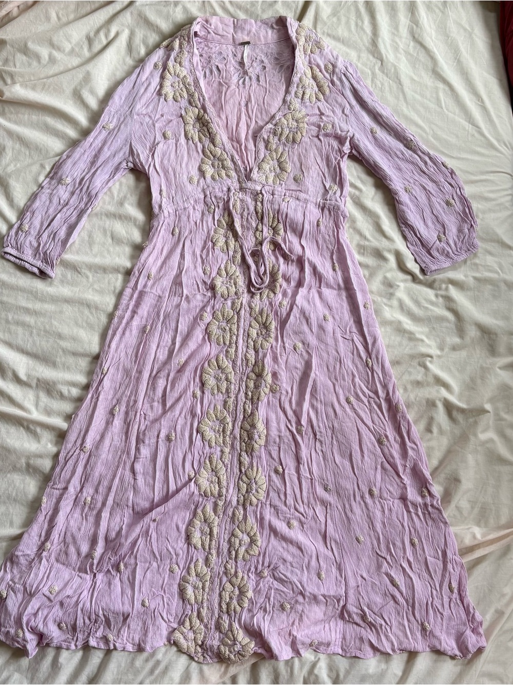 Free People Lavender Maxi Dress with Cream Floral Embroidery Trim